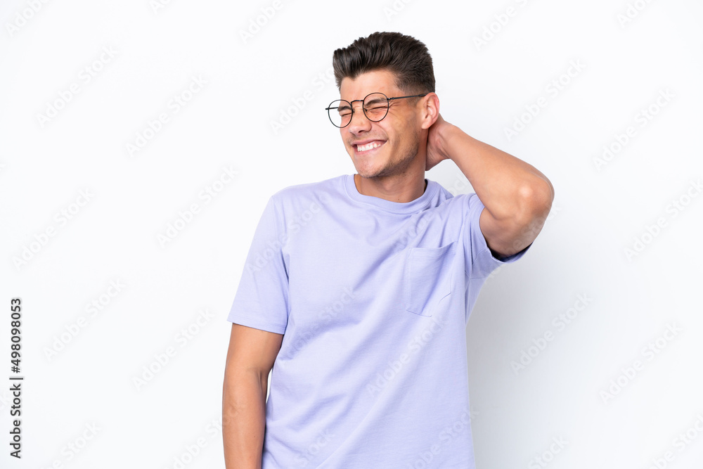 Young caucasian man isolated on white background with neckache Young caucasian man isolated on white background with neckache