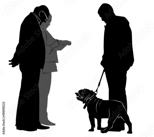 vector silhouette of a man with a bulldog breed dog at a dog show.Dog show. Assessing the