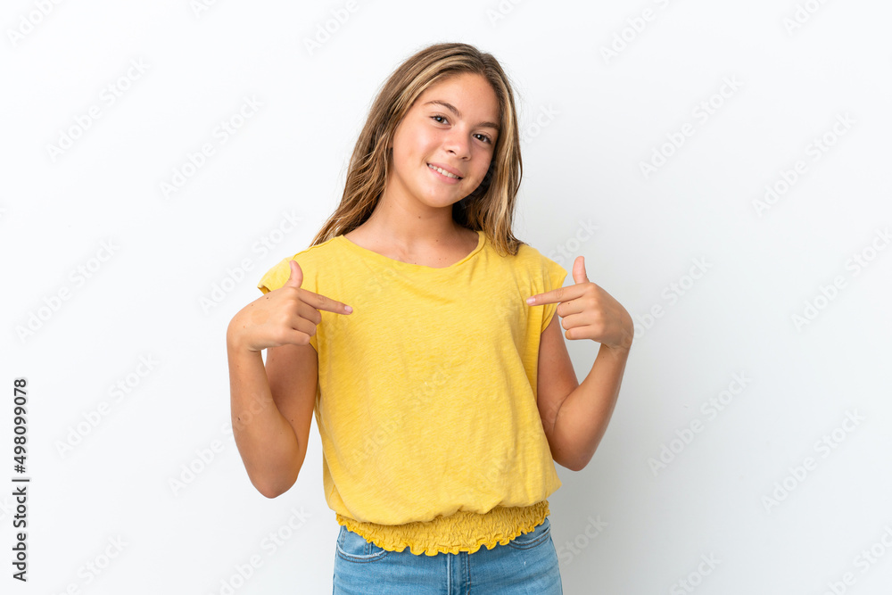 Little caucasian girl isolated on white background proud and self-satisfied Little caucasian girl isolated on white background proud and self-satisfied