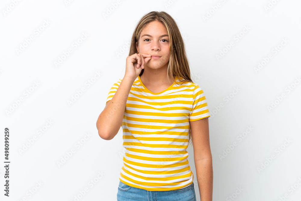 Little caucasian girl isolated on white background showing a sign of silence gesture Little caucasian girl isolated on white background showing a sign of silence gesture