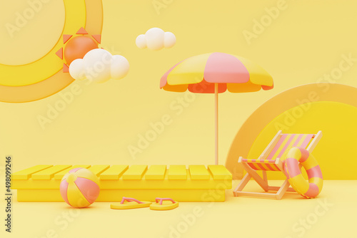 summer display with beach chair,umbrella and summer elements,3d rendering.