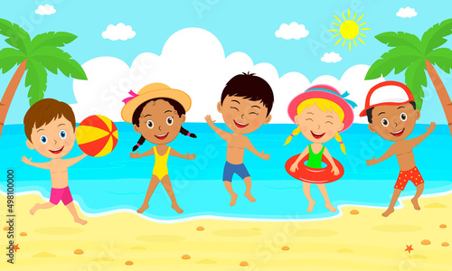 kids jumping on the summer background