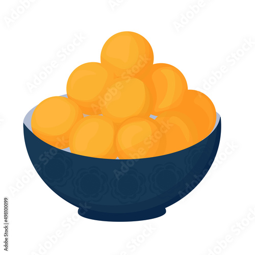 Luqaimat vector stock illustration. Deep-fried balls. Oriental dessert Greek dish Lukumades. There's a bowl in the plate. Isolated on a white background.