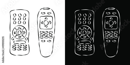 Two views hand remote control. Hand drawn illustration on white and black background. Multimedia panel with shift buttons. Program device. Wireless console. Sketch of universal electronic controller