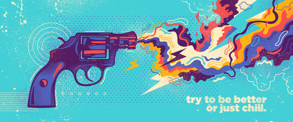 Acrylglasbilder Graffiti Abstract lifestyle graffiti design with revolver and colorful splashing shapes. Vector illustration.  © Radoman Durkovic