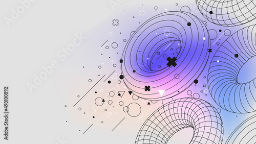 Futuristic connection structure lowpoly figures torus structure, Vector posters with strange wireframes of geometric shapes modern design inspired by brutalism