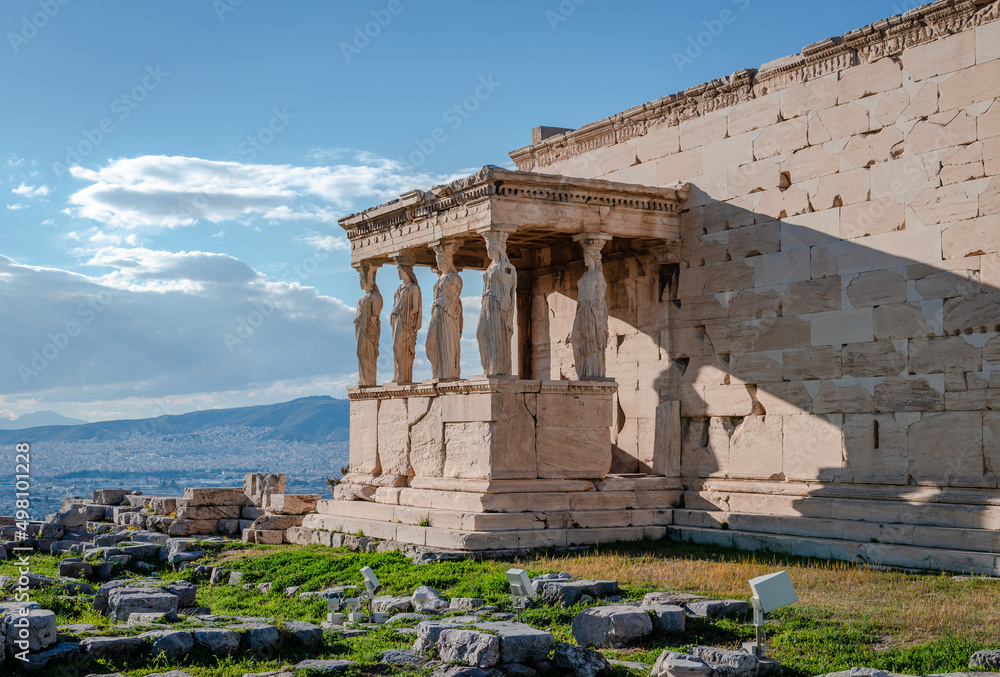 The Caryatid porch (aka the Porch of the Maidens) of the Erechtheion , an ancient temple dedicated to Goddess Athens on the Acropolis Hill, in Athens, Greece.