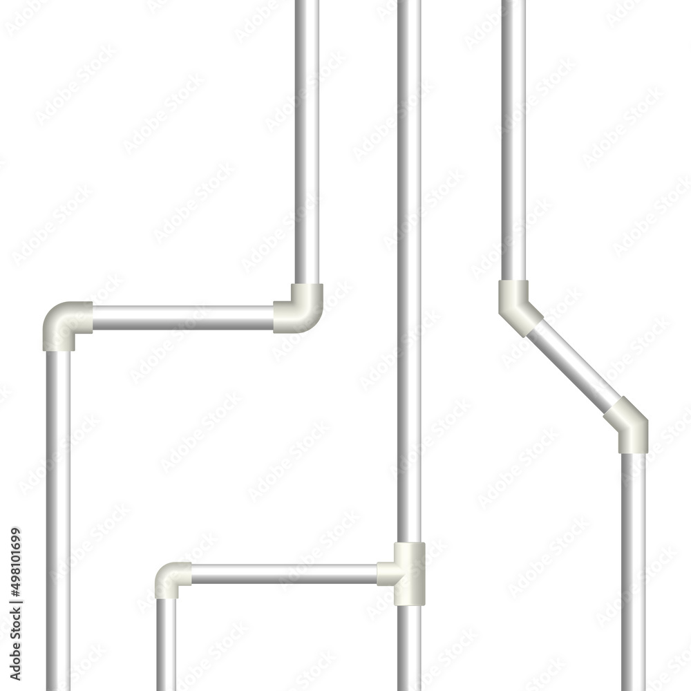 Various connections of plastic pipes. Front view, vector illustration Various connections of plastic pipes. Front view, vector illustration