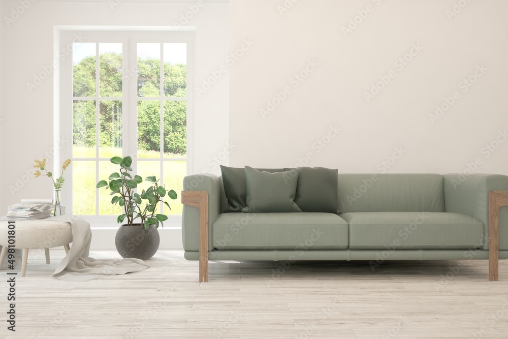 Fototapeta premium White living room with sofa and summer landscape in window. Scandinavian interior design. 3D illustration