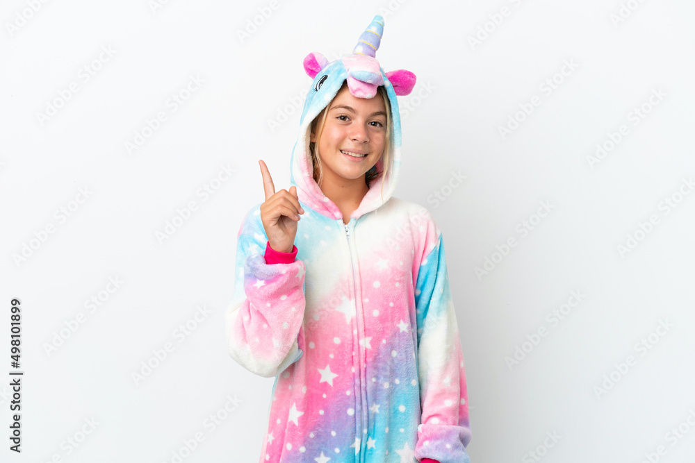 Little girl with unicorn pajamas isolated on white background showing and lifting a finger in sign of the best Little girl with unicorn pajamas isolated on white background showing and lifting a finger in sign of the best