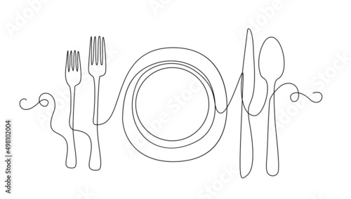 Line Drawing Plate, Spoon, Khife, Fork