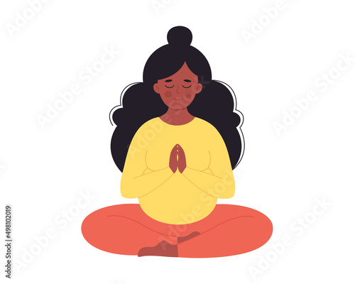 Black pregnant woman meditating in lotus pose. Healthy pregnancy, yoga, relax, breathing exercise. Hand drawn vector illustration
