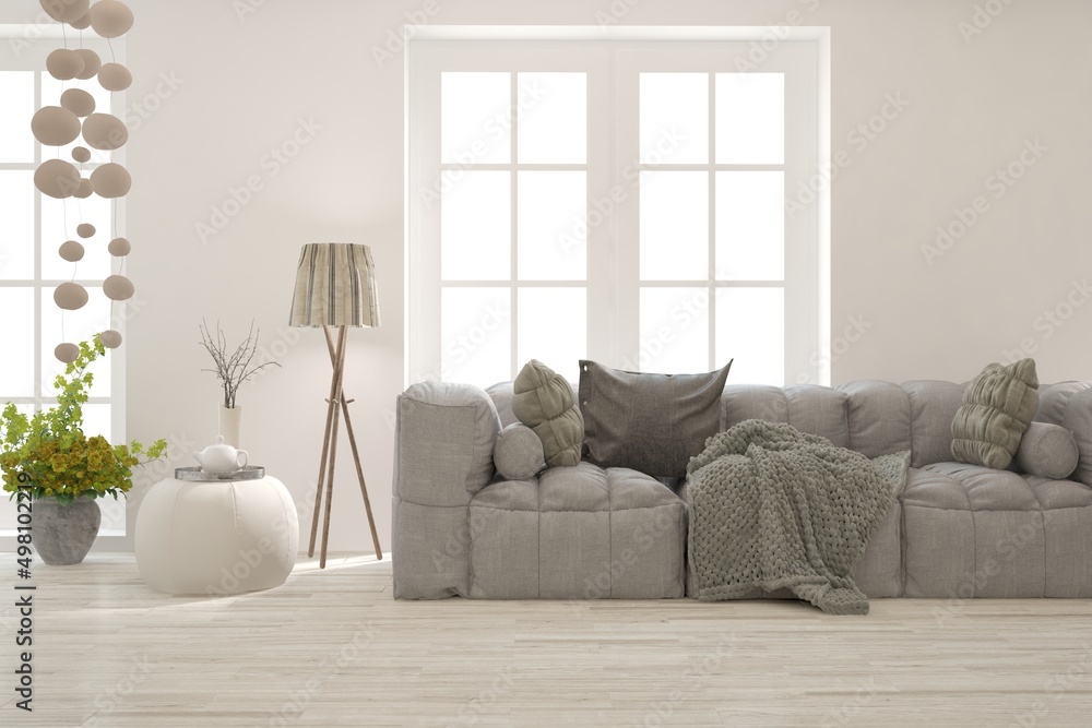 White living room with sofa. Scandinavian interior design. 3D illustration