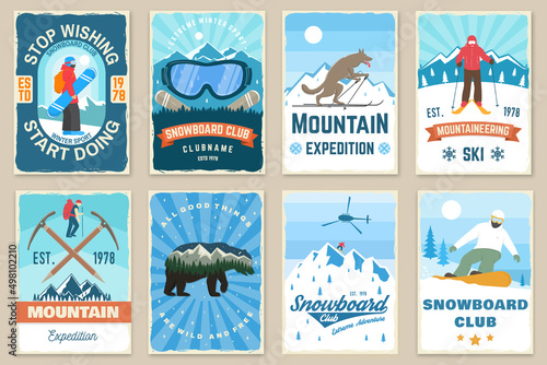 Fotobehang Set of mountain expedition and snowboard club retro posters