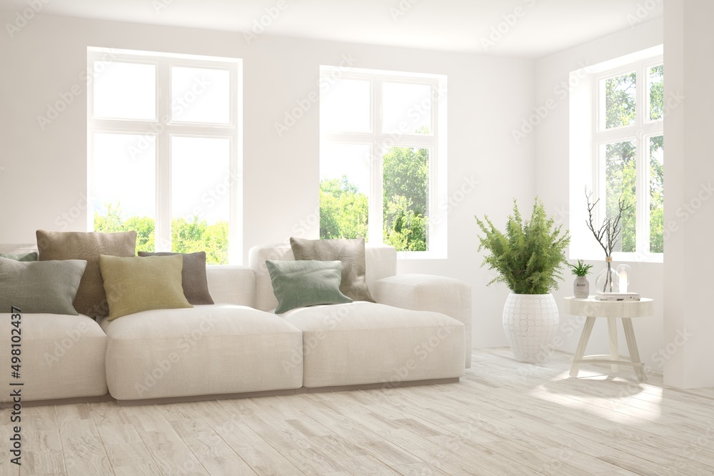 White living room with sofa and summer landscape in window. Scandinavian interior design. 3D illustration White living room with sofa and summer landscape in window. Scandinavian interior design. 3D illustration