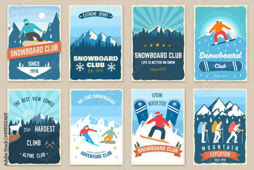 Foto Set of mountain expedition and snowboard club retro posters