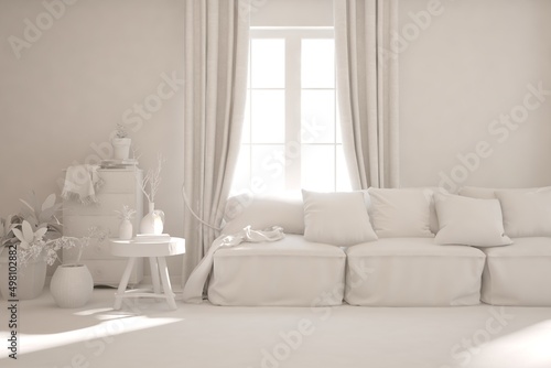 Mock up of minimalist living room in white color with sofa. Scandinavian interior design. 3D illustration