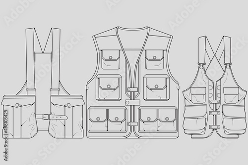 Set of chest vest bag outline drawing vector, chest vest bag in a sketch style, trainers template outline, vector Illustration.
