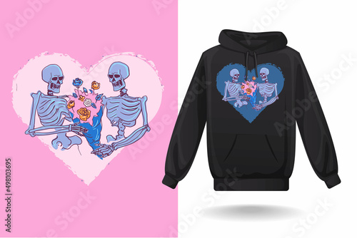 Love till death hoodie design vector art , skeleton couples with flowers on head, skull couples vector illustration