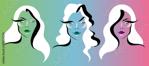 Image of three different women with white hair on the colored background. Abstract minimalistic illustration of several girls with colored lips and long blond hair.
