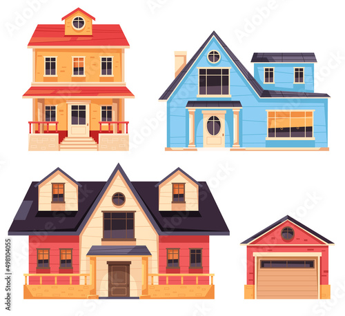 Village town houses facade isolated set. Vector flat graphic design cartoon illustration