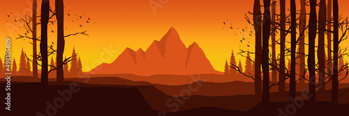 sunrise mountain landscape flat design vector illustration good for wallpaper  game art  tourism design  background template  backdrop design  and design template