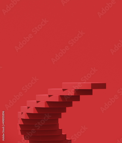 Minimal abstract background for product presentation. Gradient spiral stair podium on red background. 3d render illustration. Clipping path of each element included.