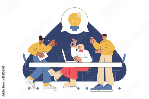 Flat business group of people with light bulb work together. Employee teamwork have brainstorm, share creative ideas. Company staff working in office and search success business solution of problem.