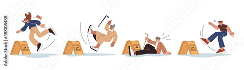 Flat young and old people slip on wet floor or stumble. Elderly with cane fall down near caution sign. Characters stumbling, falling with injury risk, slide on water and drop. Set of tumble accidents.