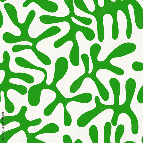 Seamless floral pattern with abstract leaves in Matisse style.  Jungle green and summer background. Perfect for fabric design, wallpaper, apparel. Vector illustration
