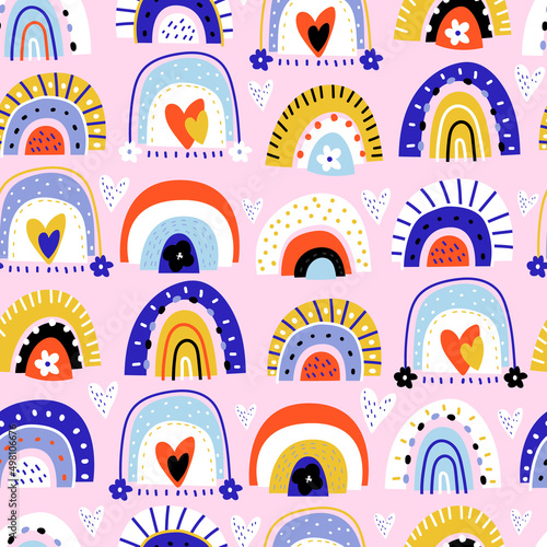 Artistic seamless pattern with abstract hand drawn rainbows, flowers and hearts. Trendy kids vector background.