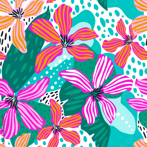 Seamless tropical pattern with hand drawn leaves, flowers. Jungle summer background. Perfect for fabric design, wallpaper, apparel. Vector illustration