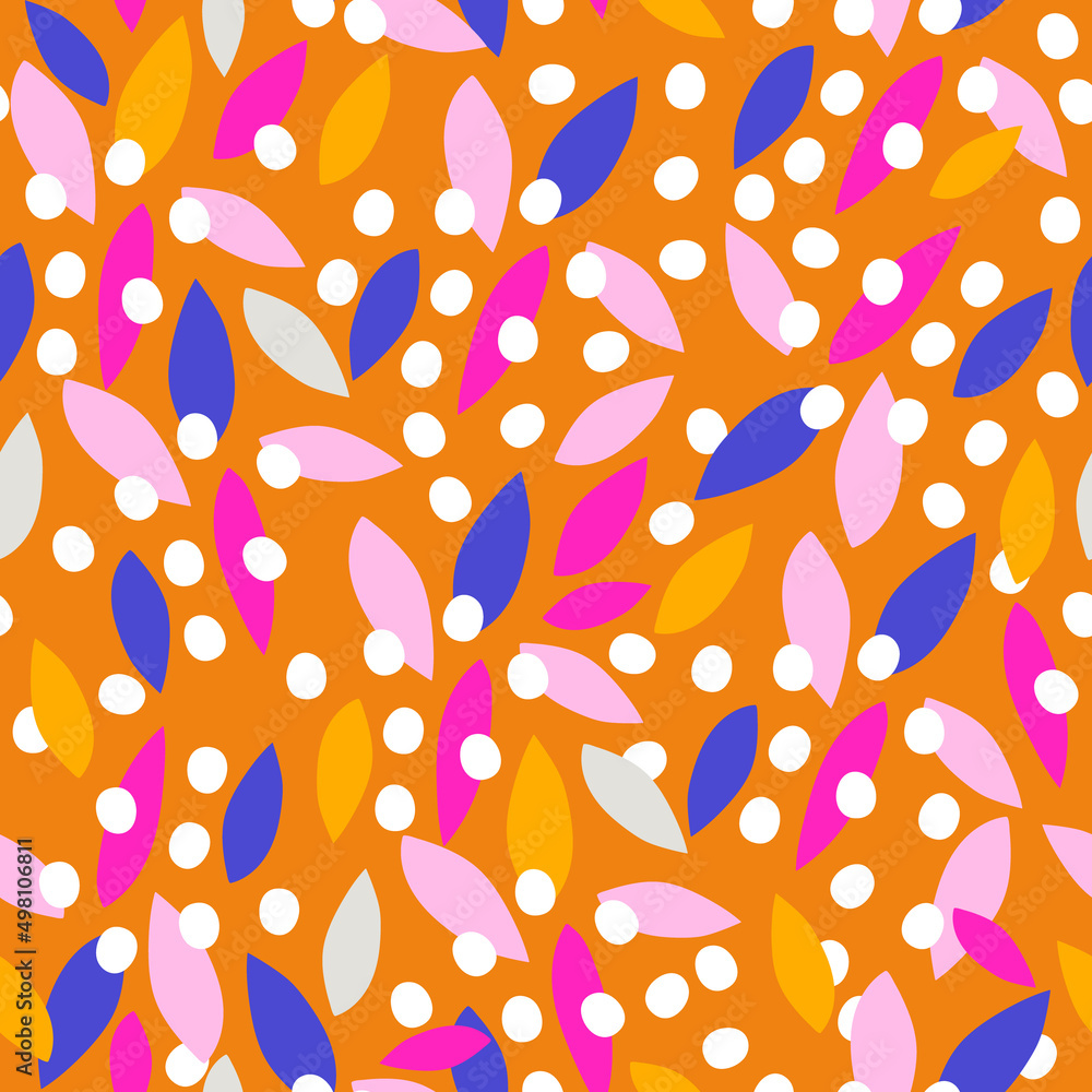 Seamless floral pattern with colourful abstract leaves and white polka dots. Perfect for fabric design, wallpaper, apparel. Vector illustration