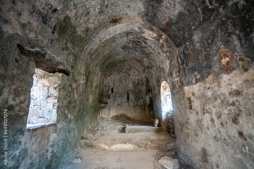 Kayaköy Abandoned ghost town, stone houses and ruins. The site of the 18th-century Ancient Greek city of Karmilissos. Ancient church. Fethiye - TURKEY