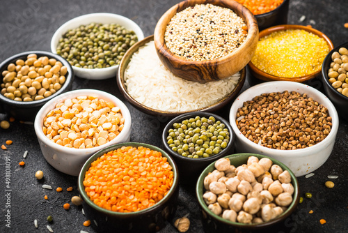 Gluten free food, cereals. Rice, buckwheat, corn, lentils, soy beans and quinoa at black. Allergen free.