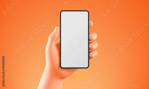 Semi Realistic Hand Holding Smartphone Over Orange Background, Vector Mock-up Template