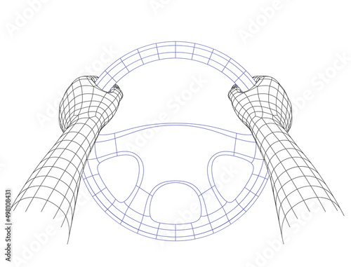 Polygon Mesh or Wireframe Hands Holding Steering Wheel