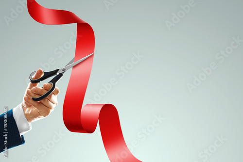 Bilde på lerret Grand opening with red ribbon and scissors