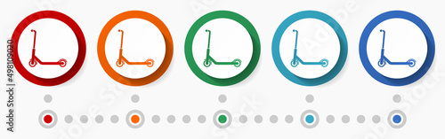 Scooter, sport concept vector icon set, infographic template, flat design colorful web buttons in 5 color options