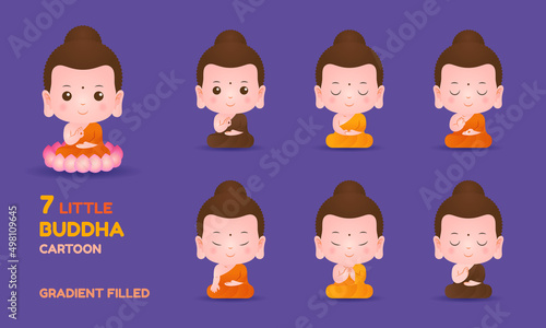 Little buddha cartoon character meditation gradient filled vector set illustration