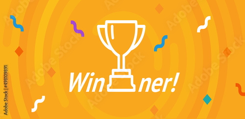 Winner sign. Congratulations win banner. Flat winner vector cup for SMM posts with lines, rounded corners. Flat winning card. Success design. Vector conquest illustration. The first prize