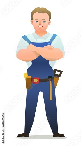 Little boy craftsman. Teen in apron. Master in workwear. Cheerful person. Standing pose. Cartoon comic style flat design. Single character. Illustration isolated on white background. Vector © Ирина Мордвинкина