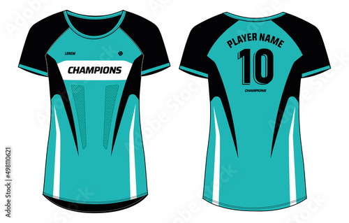 Women Sports Jersey t-shirt design flat sketch Illustration, Abstract pattern round Neck t shirt for girls and Ladies Volleyball jersey, Football, badminton, Soccer, netball. Sport uniform kit