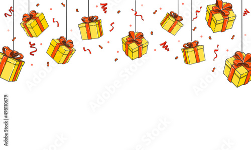 Falling gift boxes, hang gift boxes. Valentine's day celebration. Merry Christmas and Happy New Year celebrate