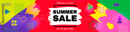 Summer Sale Discount Banner. Final Summer Sale. Background made by brush strokes of paint. Аbstract style background with abstract flowing elements and dynamic geometric shapes. Memphis style