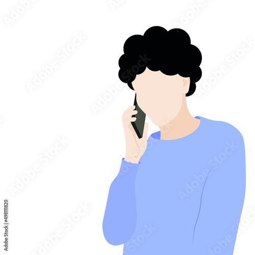 Portrait of a young girl with a phone in her hand, faceless vector illustration, isolated on a white background