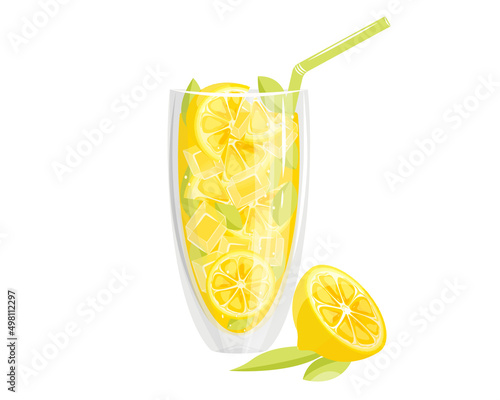 A glass of lemonade and lemon juice with lemon and ice cubes.A slice of yellow lemon with green leaves. Vector illustration for web advertising, cafes, menus, websites.