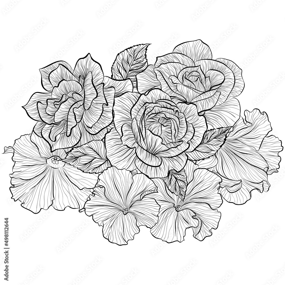 Flower bouquet with roses and petunias. Flower composition for decoration of invitations for a wedding, birthday, holiday. Design for coloring book. Vintage hand draw sketch illustration isolated