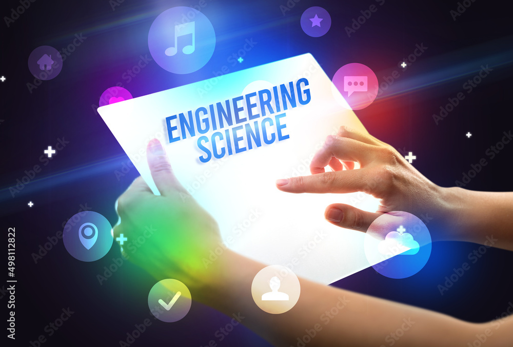 Holding futuristic tablet, new media concept