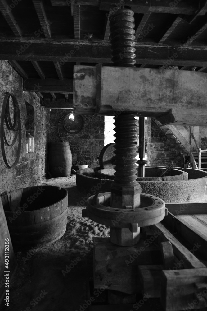 Cider press, Jersey, U.K. Black and white image of the agricultural industry from a bygone age.